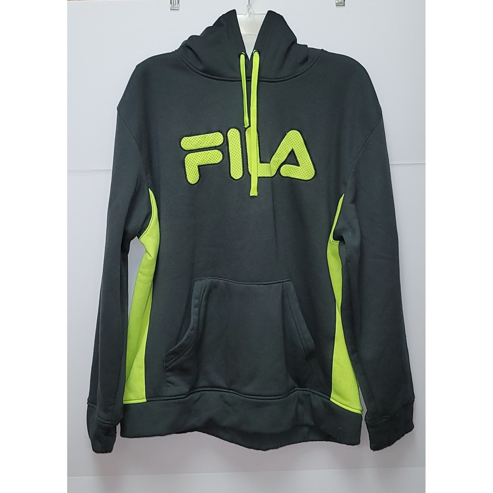 Fila Charcoal Neon Green Logo‎ Hooded Sweatshirt Athleisure Workout L Streetwear